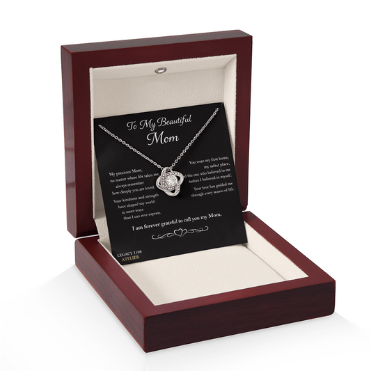 To My Beautiful Mom - Gorgeous Love Knot Necklace w/Luxury Mahogany LED Spotlight Box