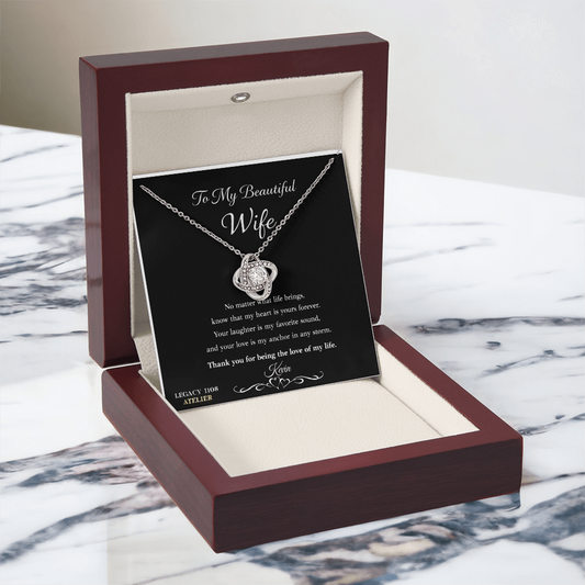 To My Beautiful Wife - Love Knot Necklace w/Luxury Mahogany LED Spotlight Box