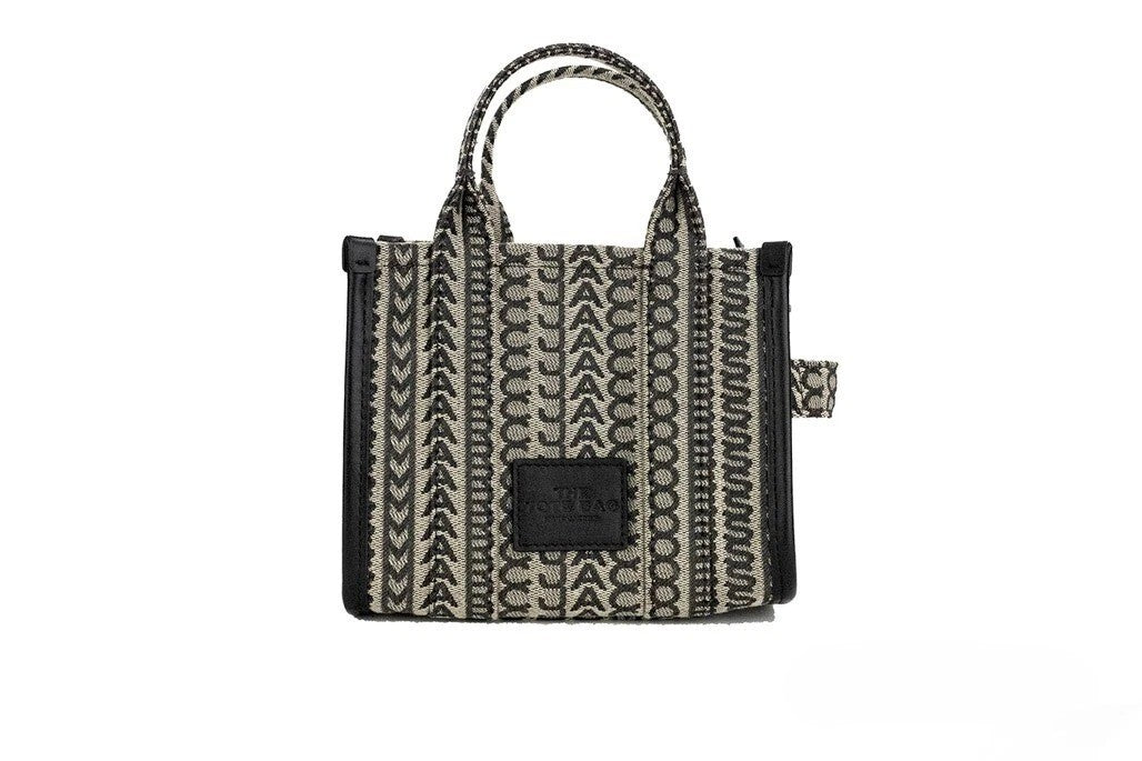 Marc Jacobs The Monogram Beige Mini Tote Woven Jacquard Canvas Crossbody Handbag