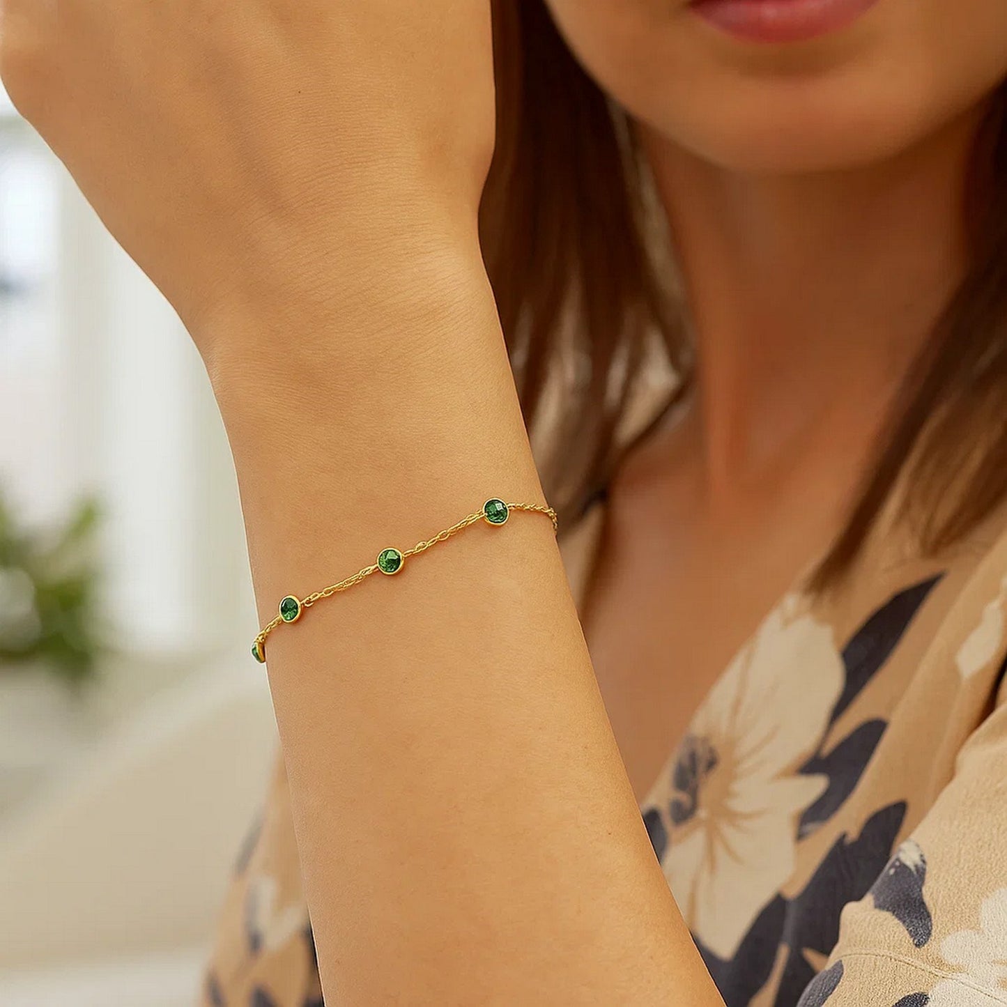 14K Yellow Gold Emerald Station Bracelet