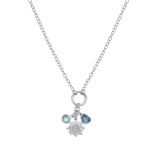 Sterling Silver Rhodium Plated Sunflower Cubic Zirconia Charm Necklace