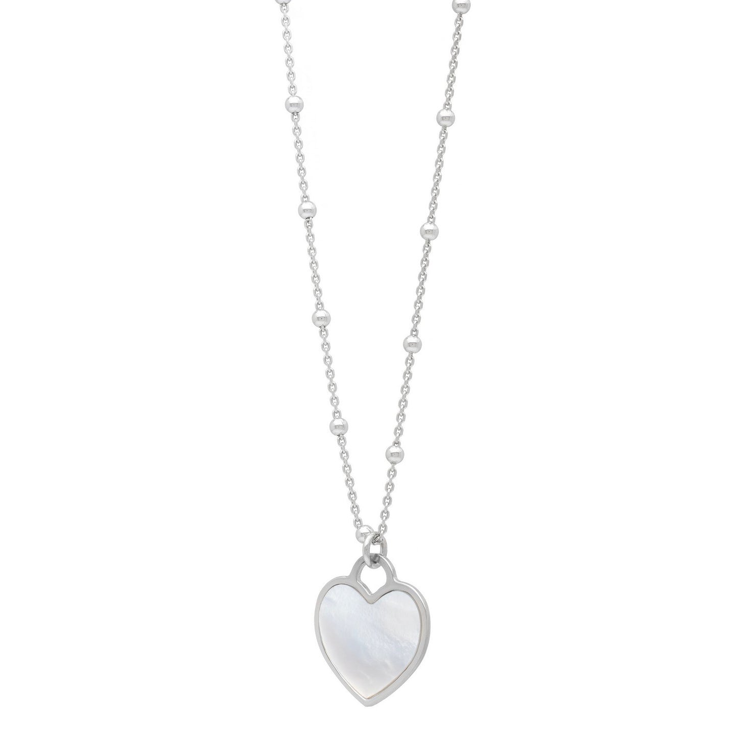 Sterling Silver Rhodium Plated and Mother of Pearl Heart Pendant Necklace