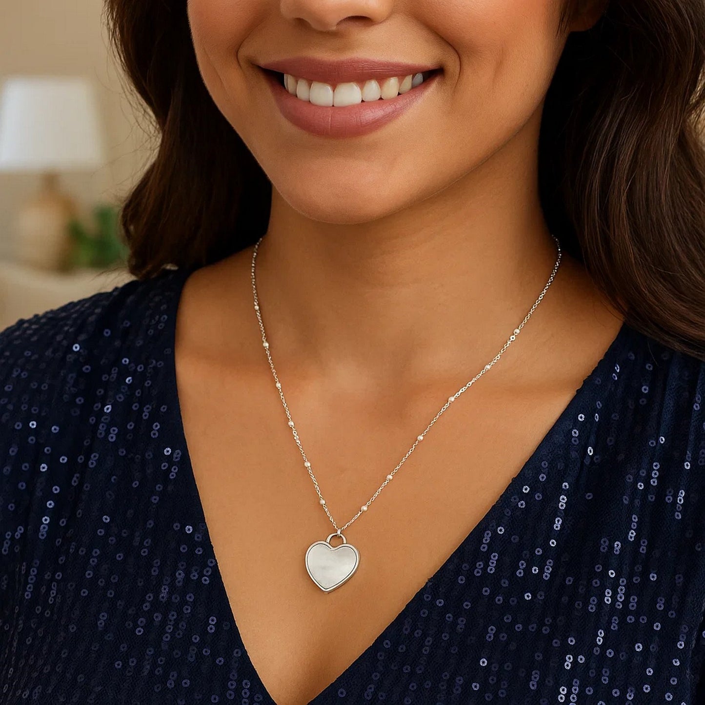 Sterling Silver Rhodium Plated and Mother of Pearl Heart Pendant Necklace