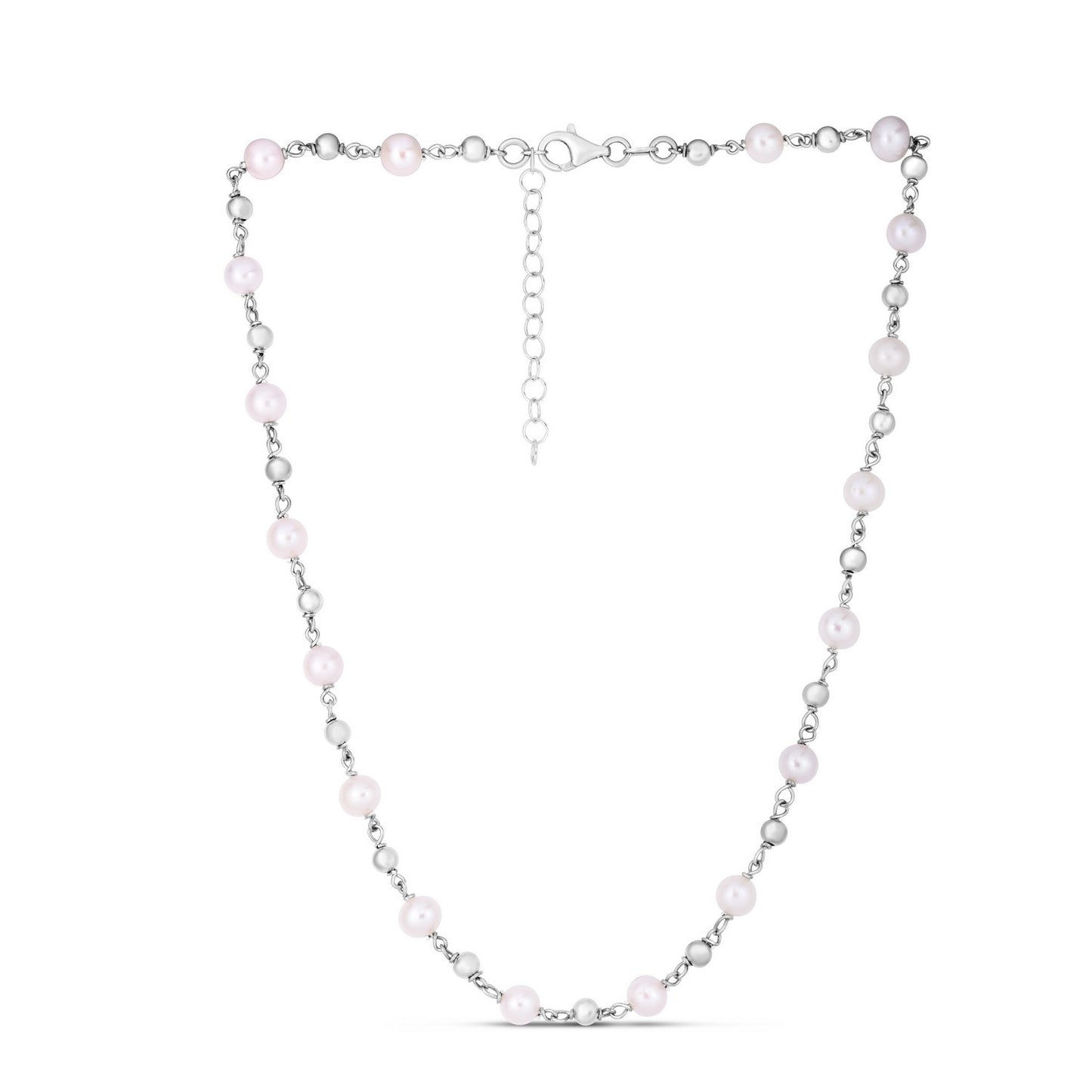 Sterling Silver Rhodium Plated Freshwater Pearl Bead Necklace