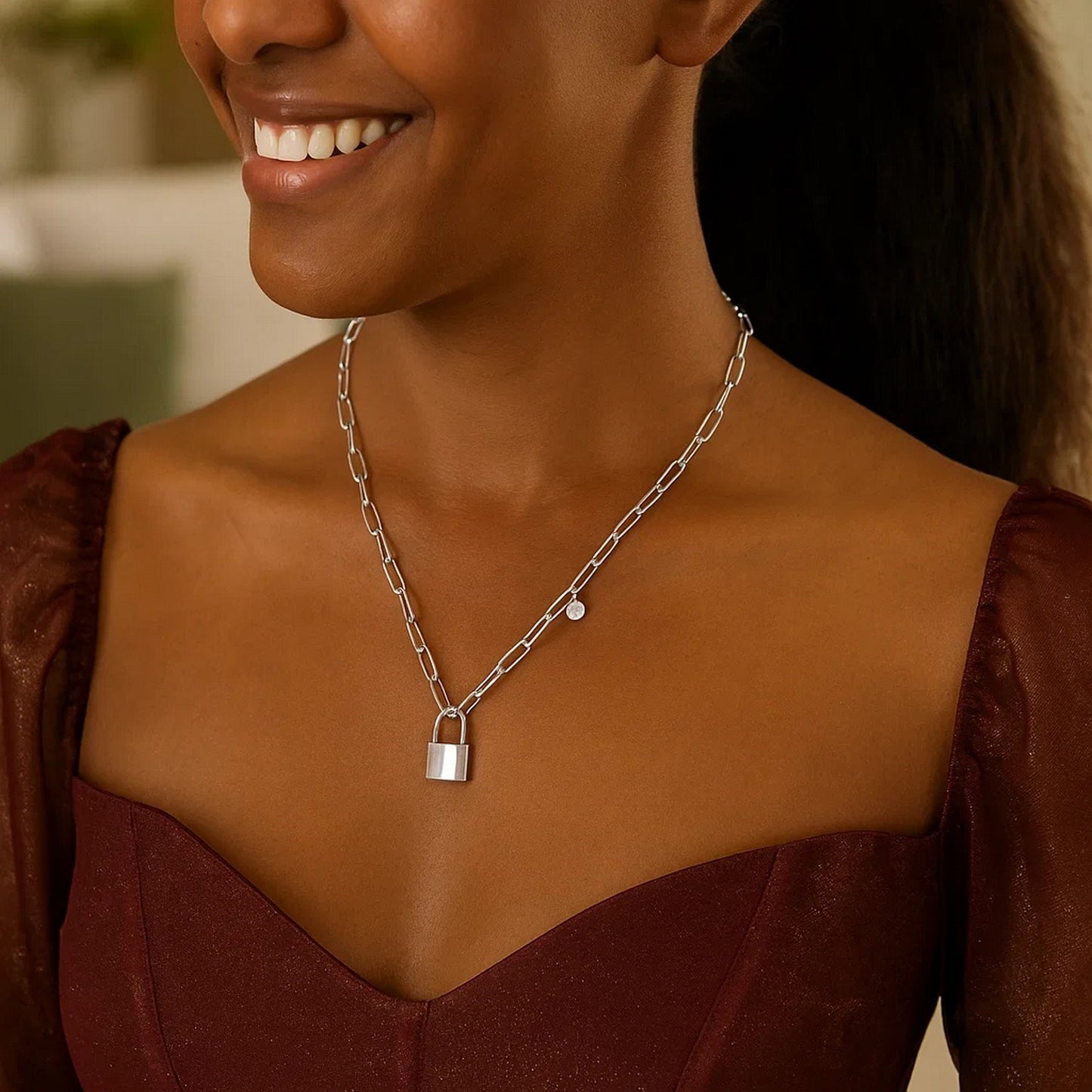 Sterling Silver Lock Paperclip Link Necklace