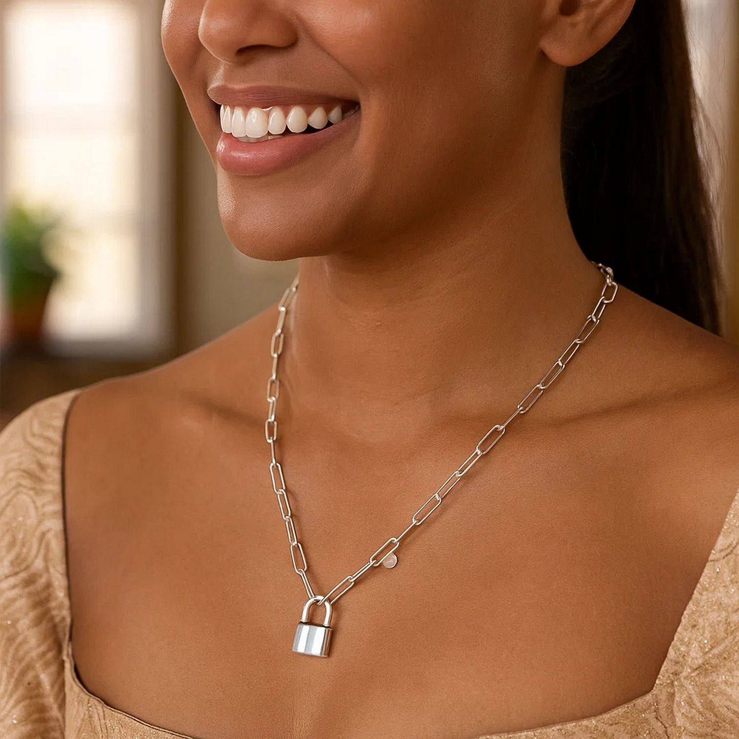 Sterling Silver Lock Paperclip Link Necklace