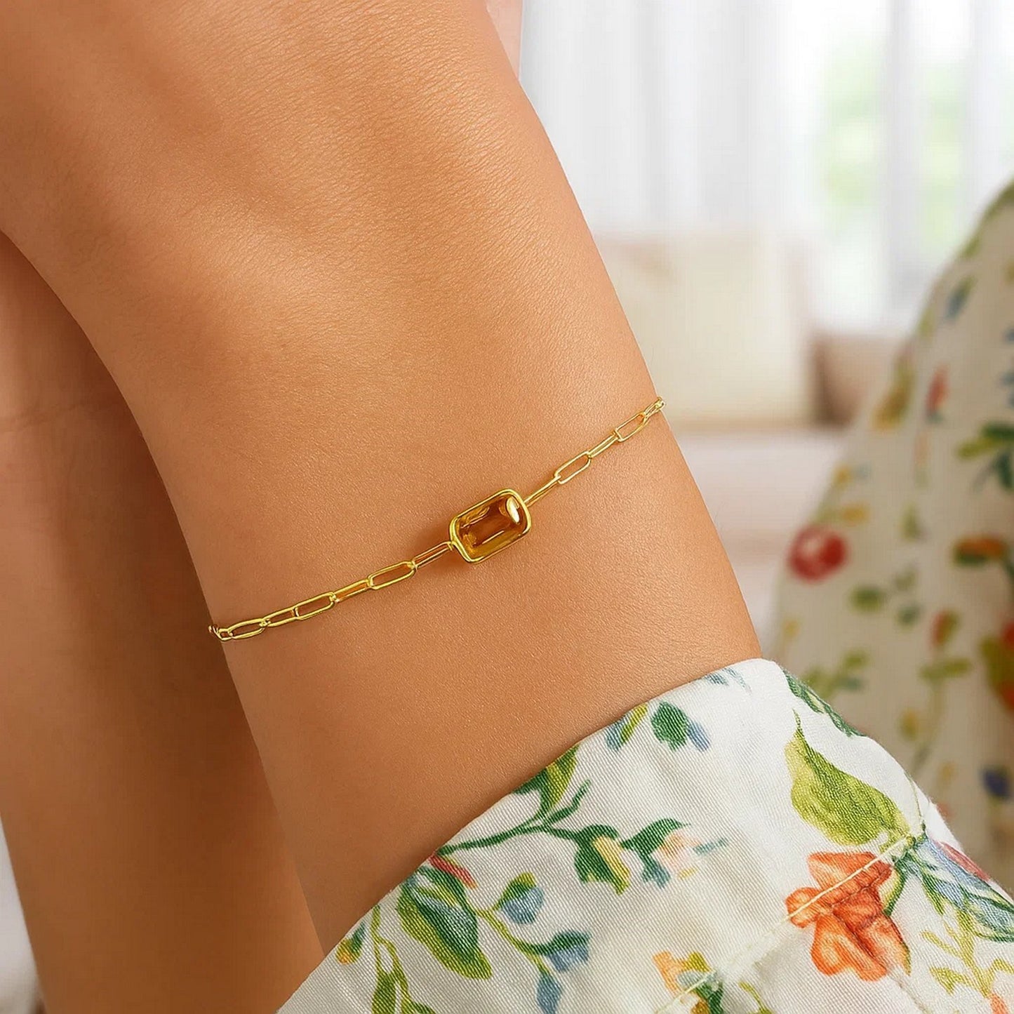 14K Yellow Gold Citrine Paperclip Bracelet (1.50 mm)