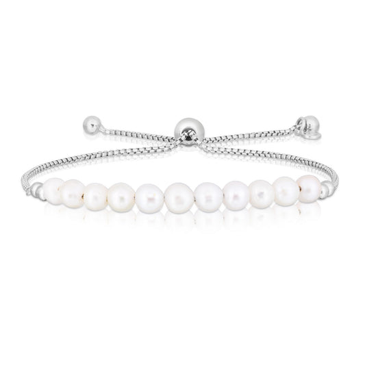 Sterling Silver Rhodium Plated Friendship Freshwater Pearl Drawstring Bracelet