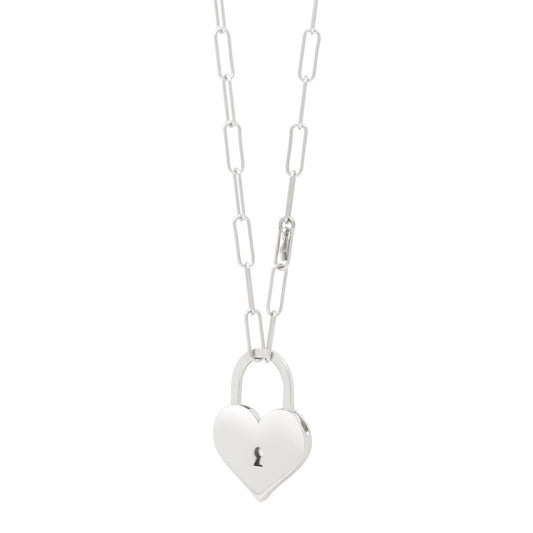 Sterling Silver Rhodium Plated Padlock Heart Necklace