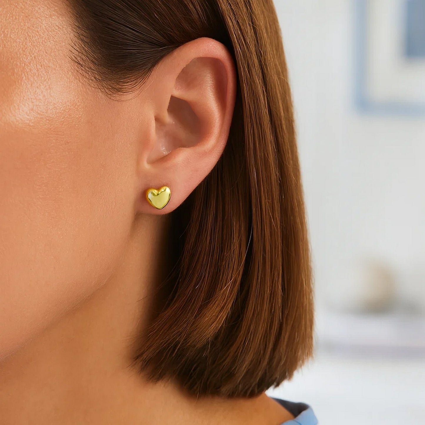 Sterling Silver Yellow Gold Plated Puffed Small Heart Stud Earrings