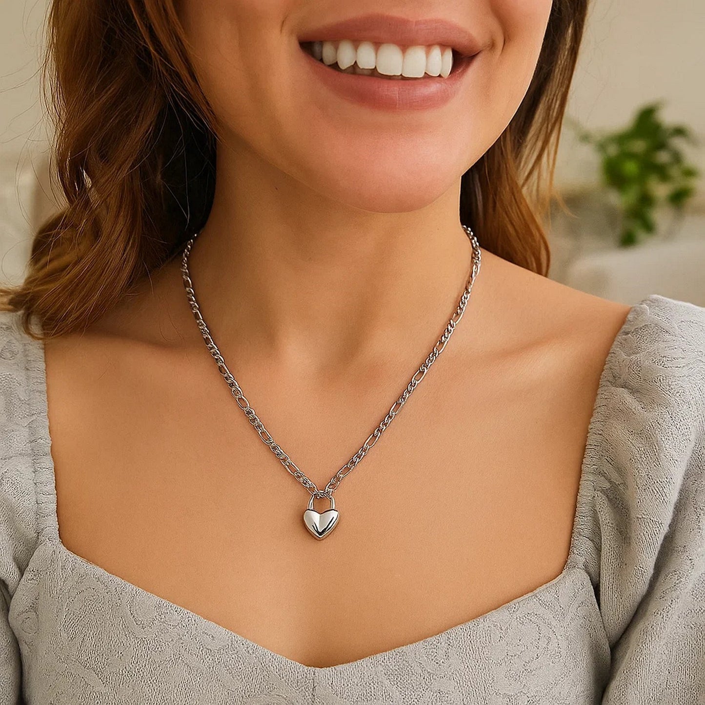 Sterling Silver Rhodium Plated Heart Padlock Figaro Necklace