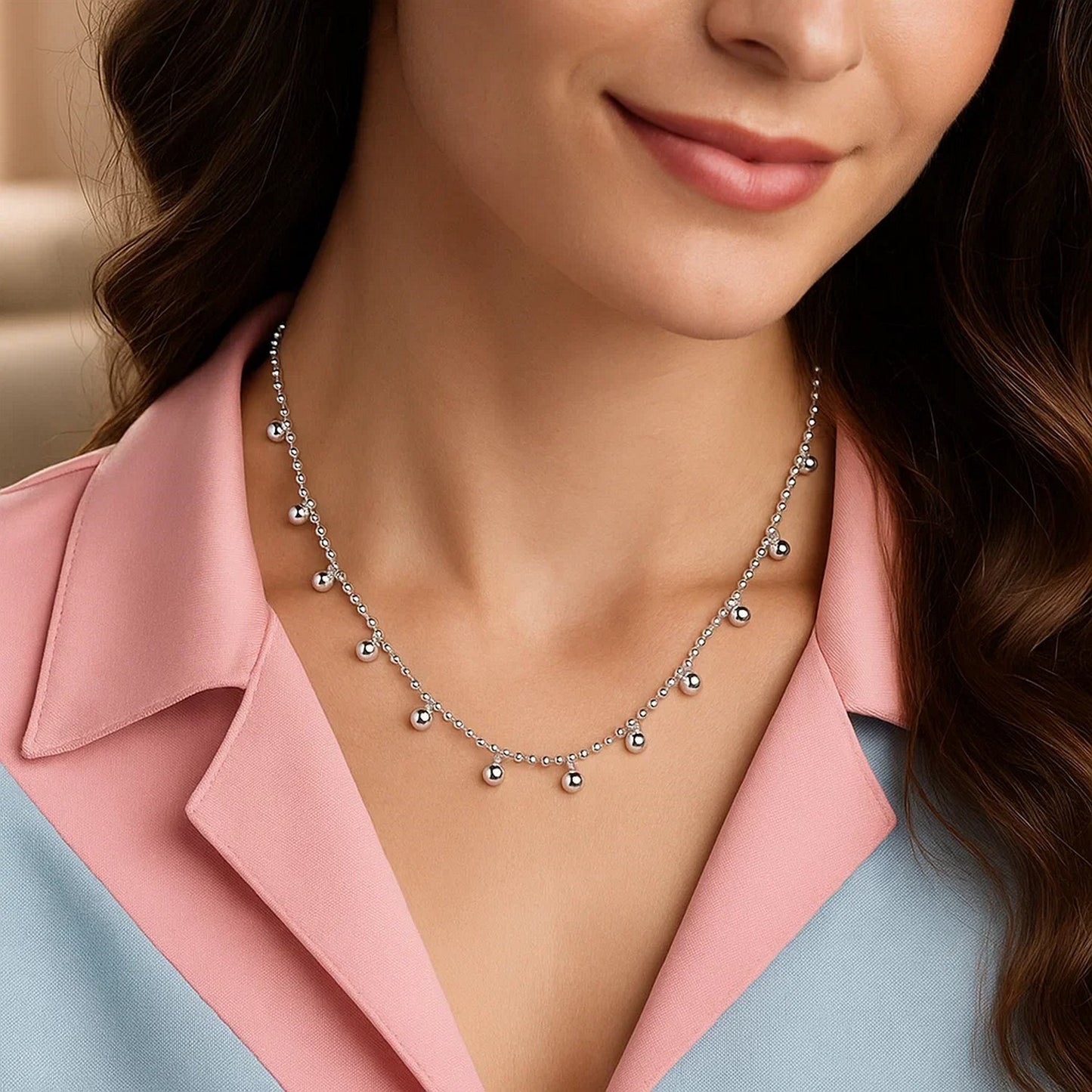 Sterling Silver Rhodium Plated Bead Necklace