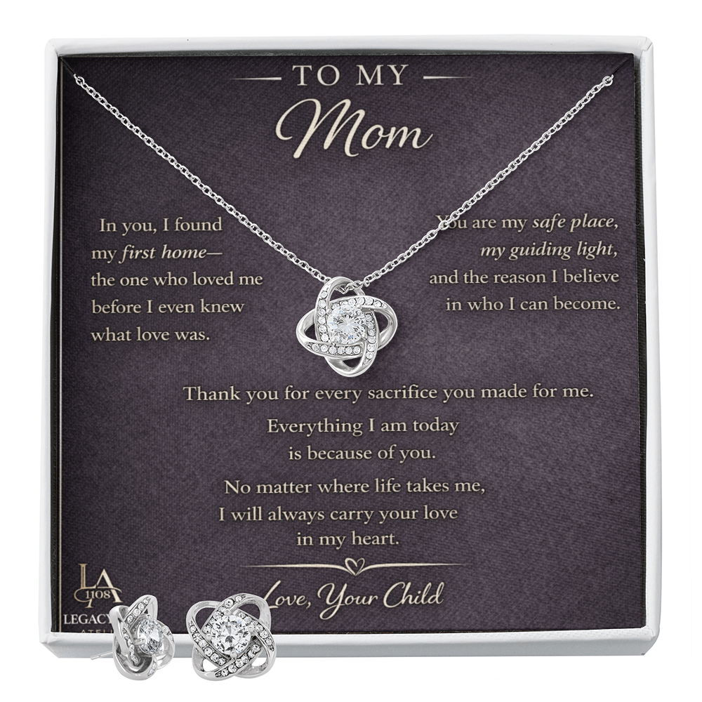 To My Mom - Beautiful Love Knot Necklace Plus Matching Earrings
