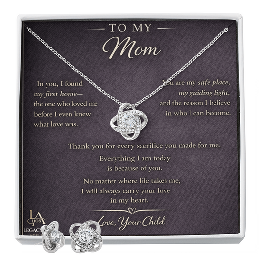 To My Mom - Beautiful Love Knot Necklace Plus Matching Earrings