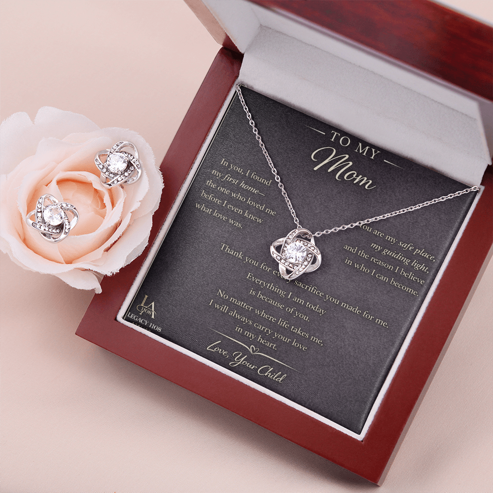 To My Mom - Beautiful Love Knot Necklace Plus Matching Earrings