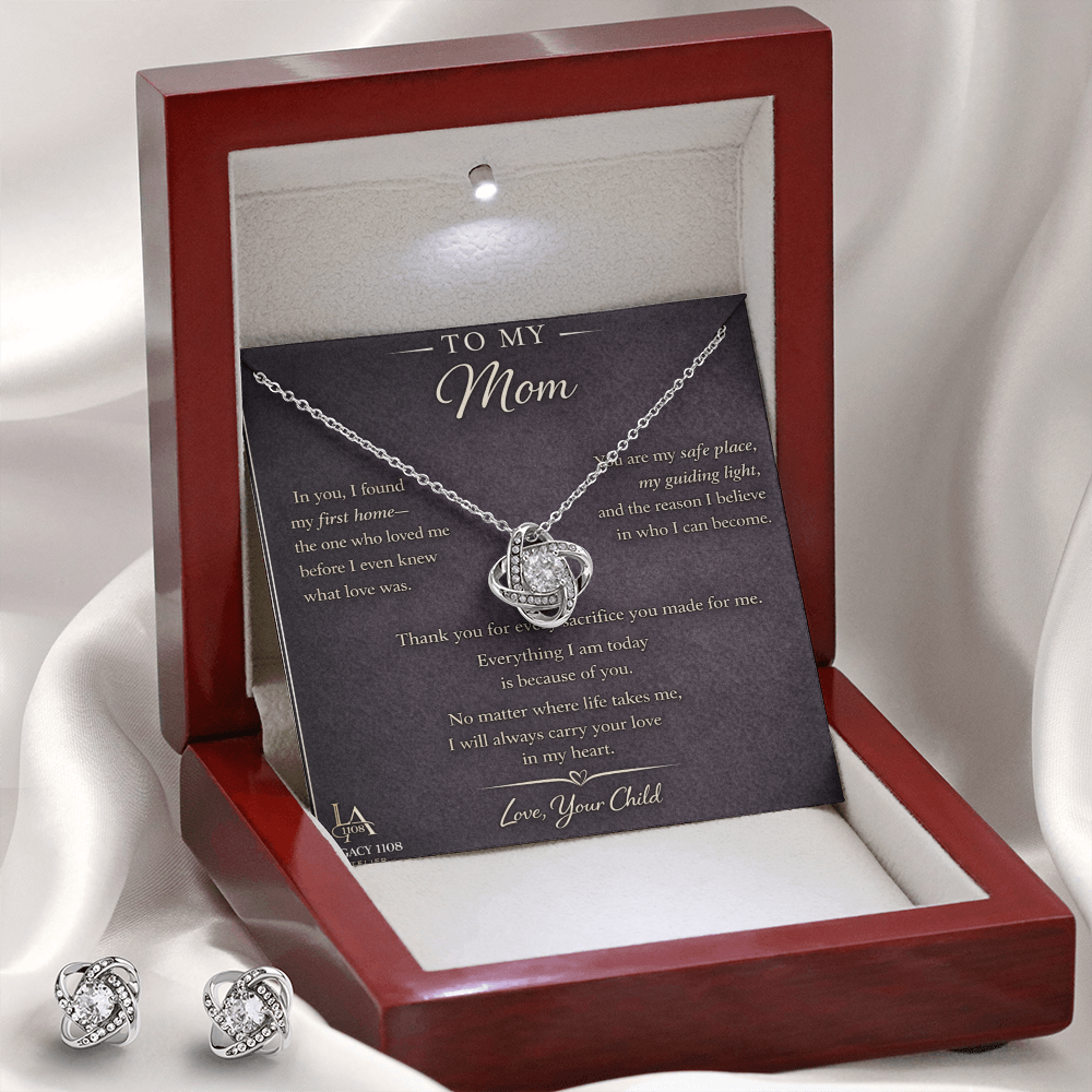 To My Mom - Beautiful Love Knot Necklace Plus Matching Earrings