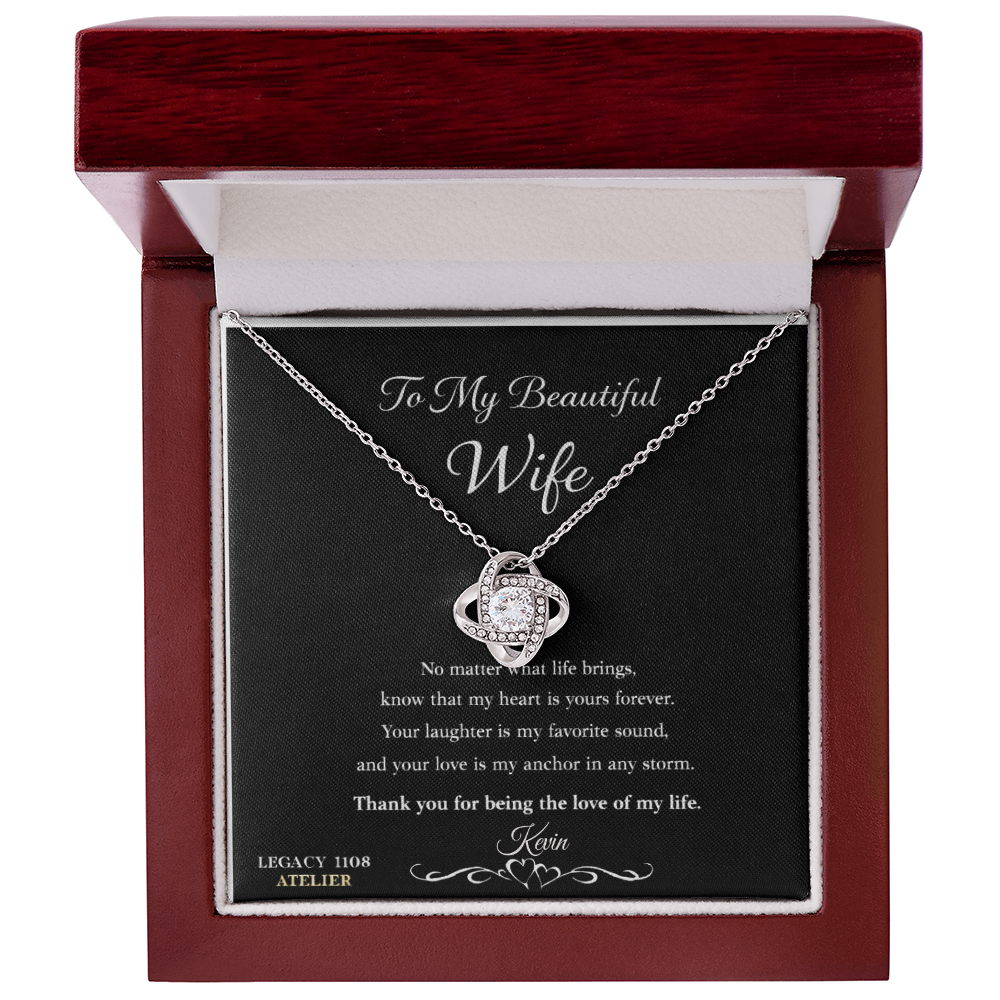To My Beautiful Wife - Love Knot Necklace w/Luxury Mahogany LED Spotlight Box