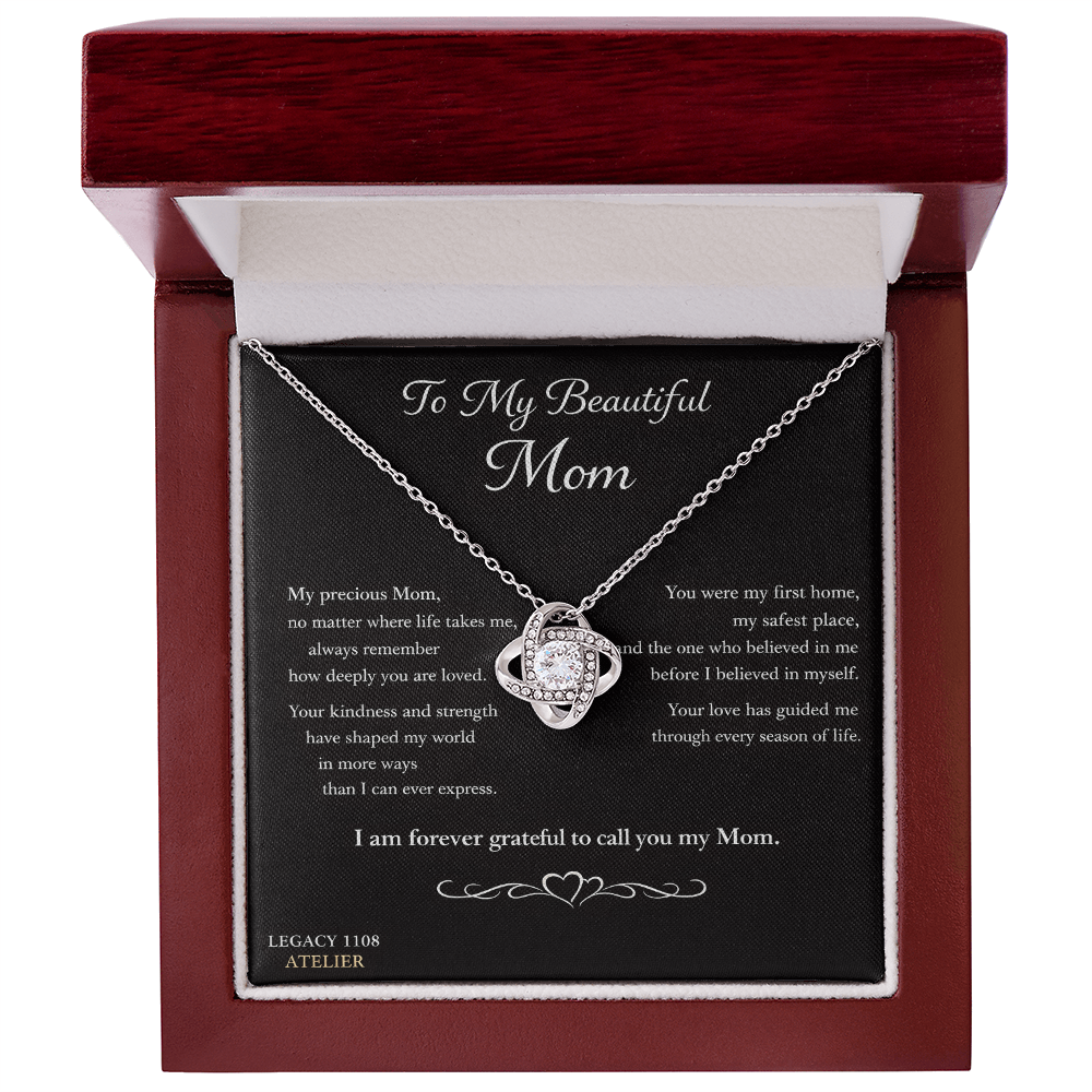 To My Beautiful Mom - Gorgeous Love Knot Necklace w/Luxury Mahogany LED Spotlight Box