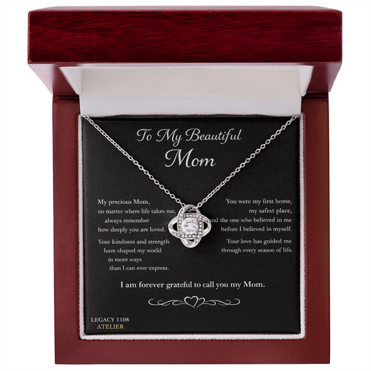 To My Beautiful Mom - Gorgeous Love Knot Necklace w/Luxury Mahogany LED Spotlight Box