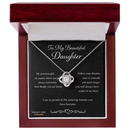To My Beautiful Daughter - Gorgeous Love Knot Necklace w/Luxury Mahogany LED Spotlight Box