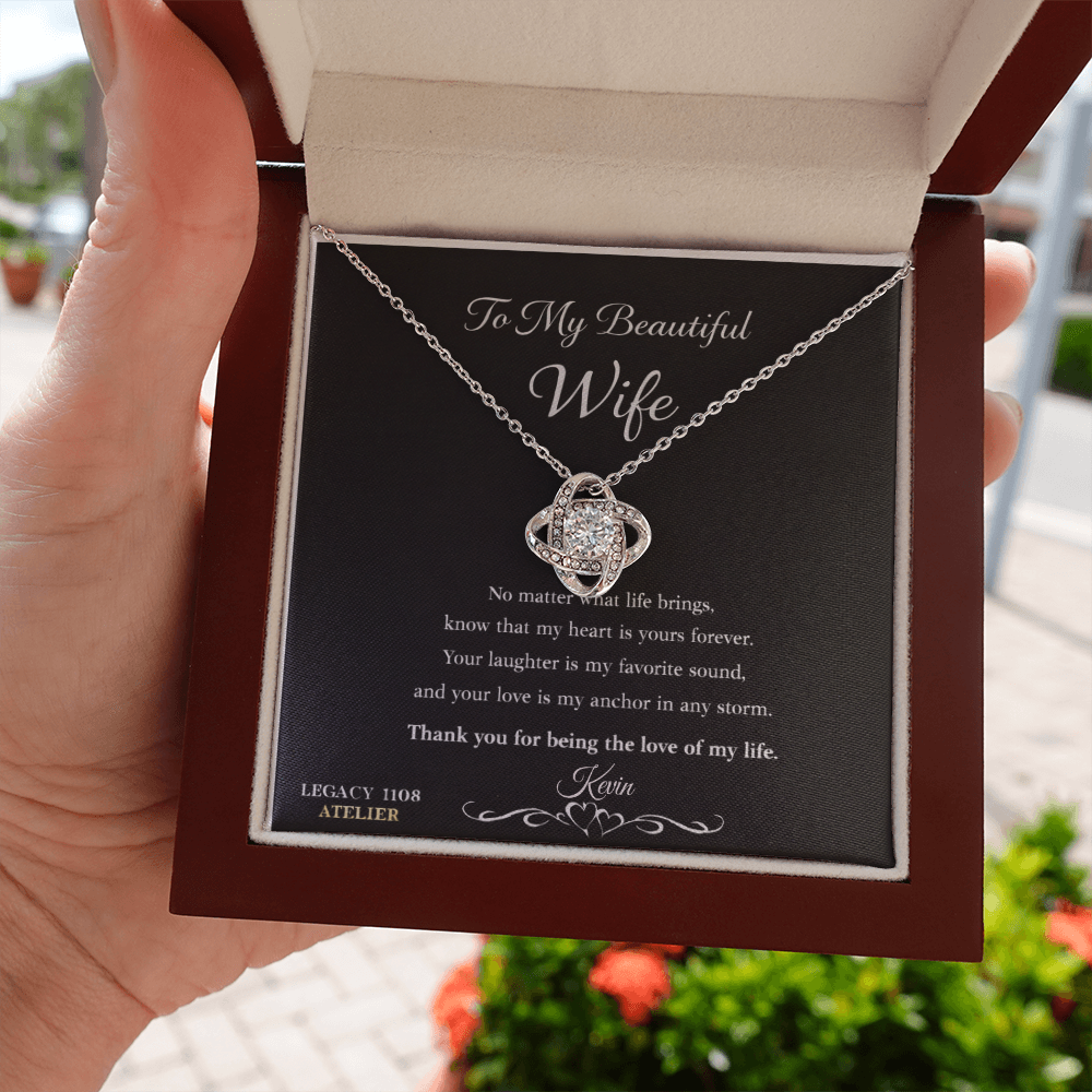 To My Beautiful Wife - Love Knot Necklace w/Luxury Mahogany LED Spotlight Box