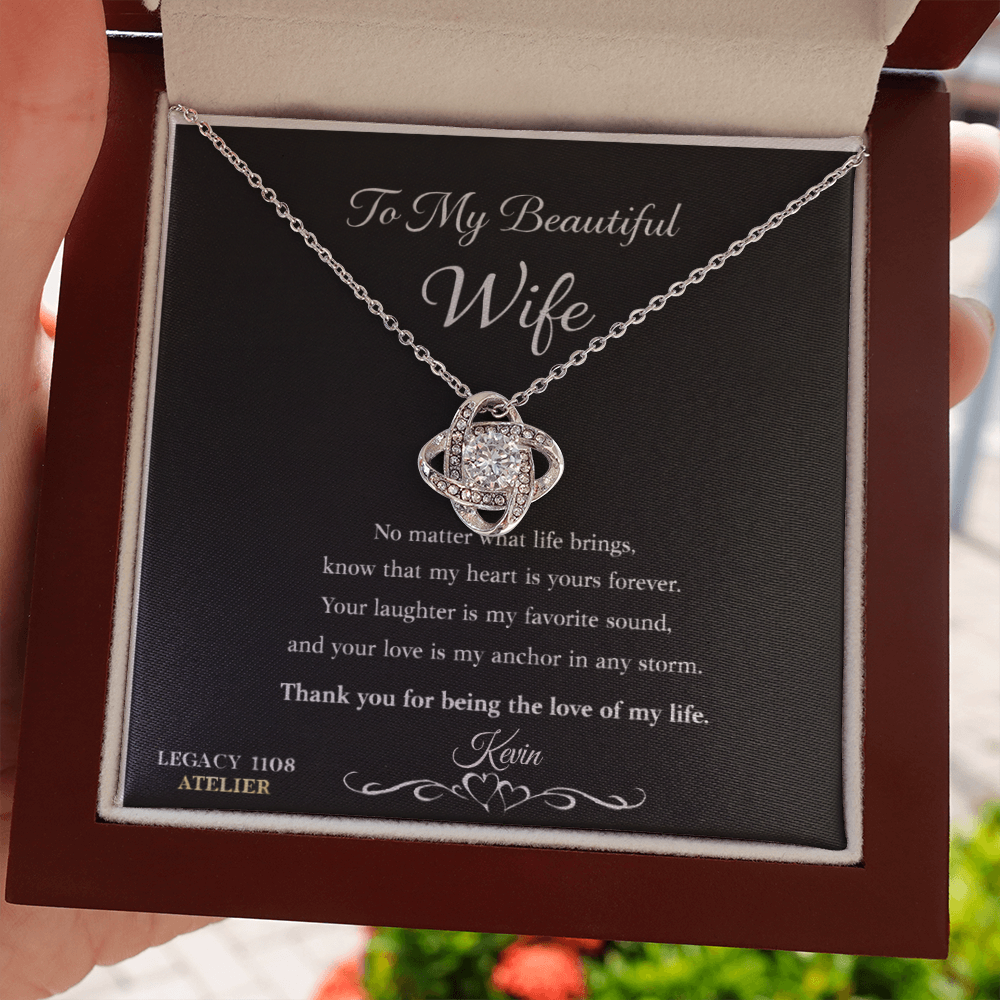 To My Beautiful Wife - Love Knot Necklace w/Luxury Mahogany LED Spotlight Box