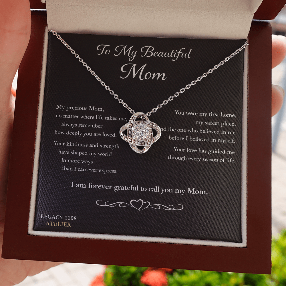 To My Beautiful Mom - Gorgeous Love Knot Necklace w/Luxury Mahogany LED Spotlight Box
