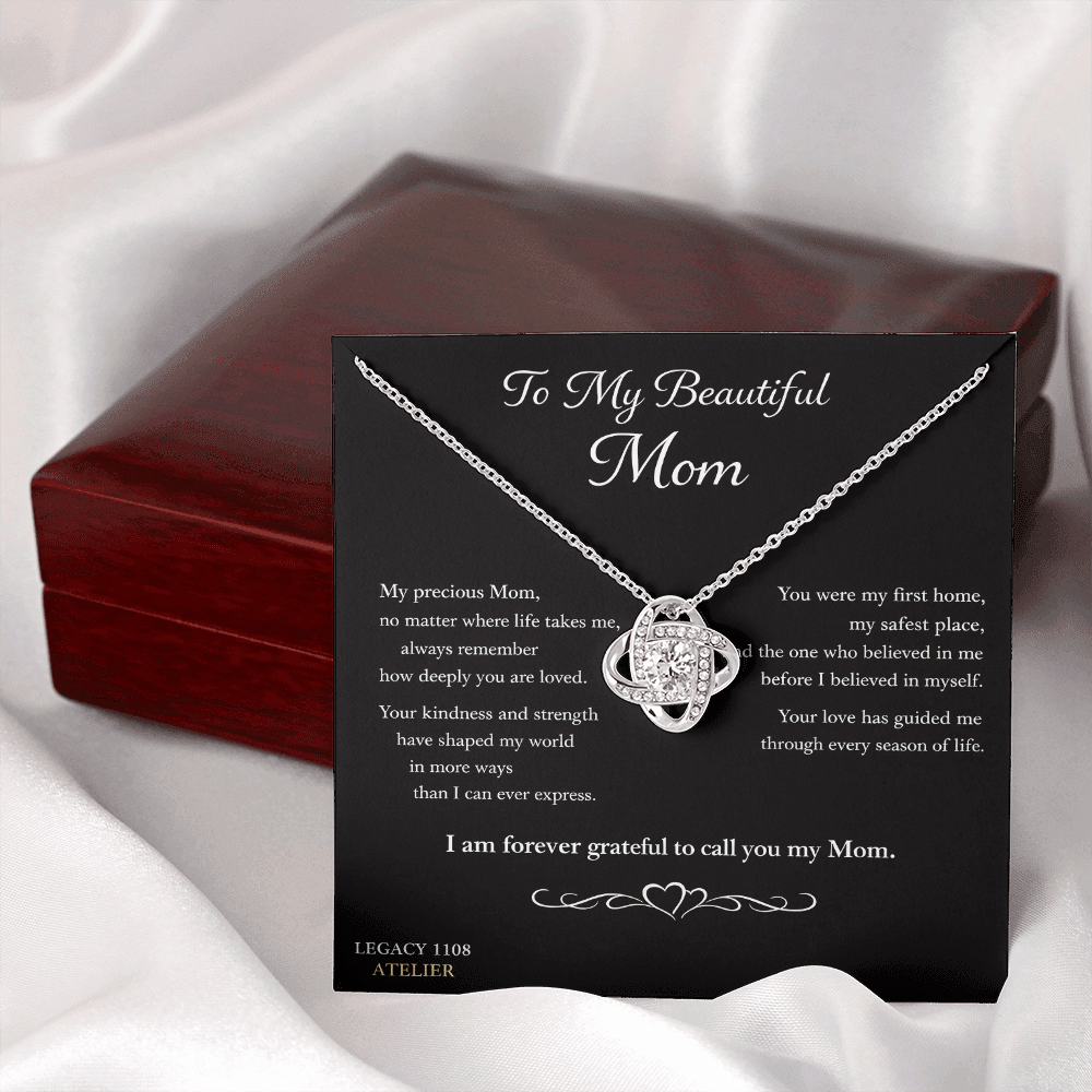 To My Beautiful Mom - Gorgeous Love Knot Necklace w/Luxury Mahogany LED Spotlight Box