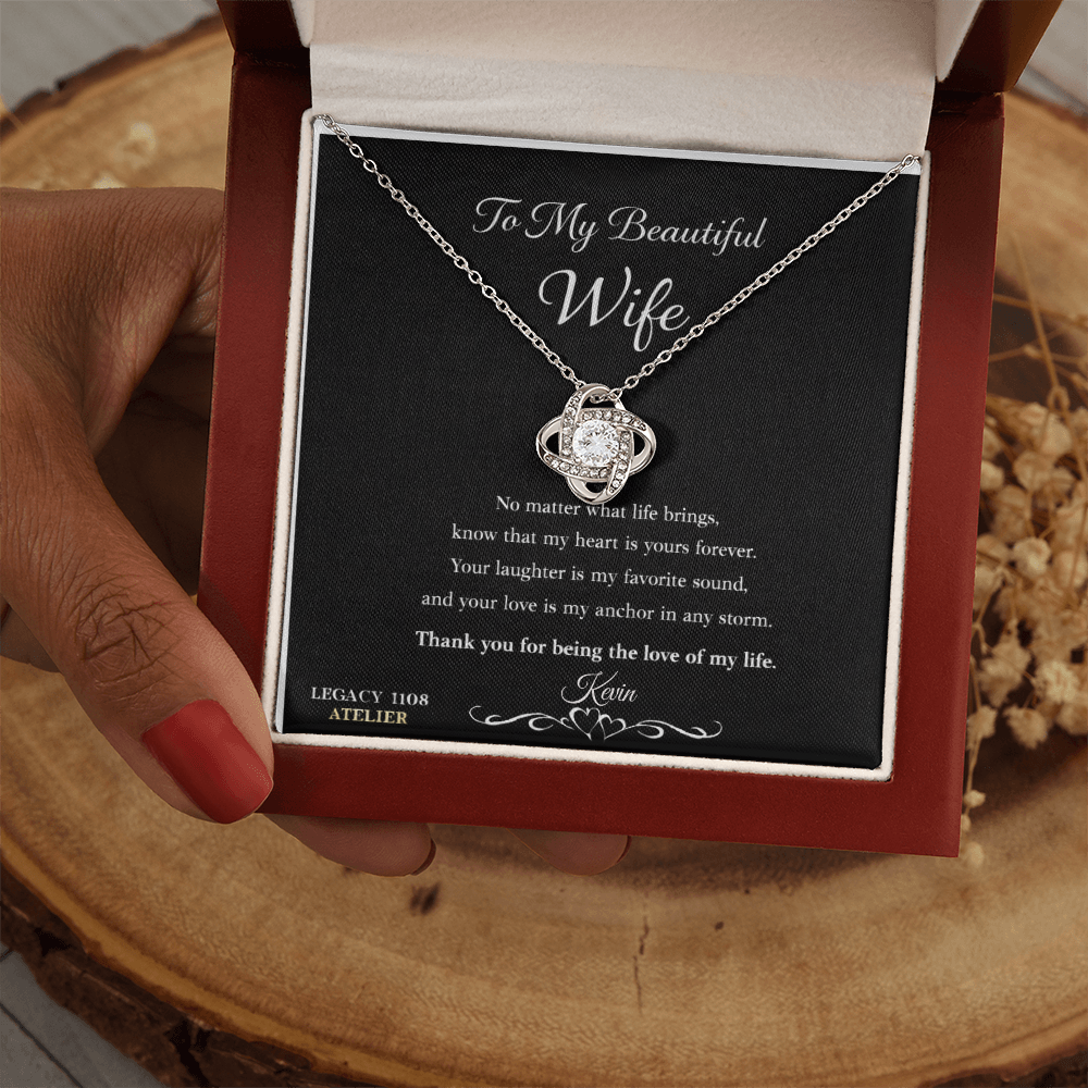 To My Beautiful Wife - Love Knot Necklace w/Luxury Mahogany LED Spotlight Box