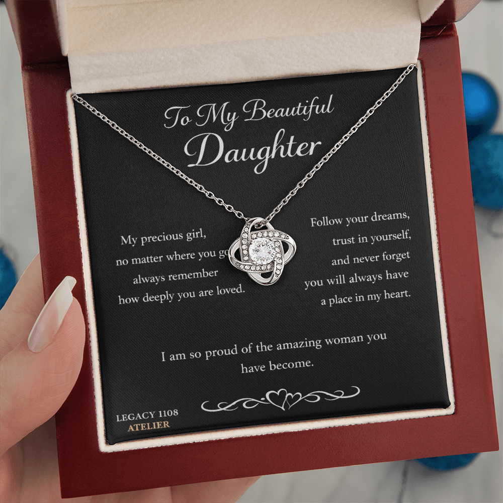 To My Beautiful Daughter - Gorgeous Love Knot Necklace w/Luxury Mahogany LED Spotlight Box