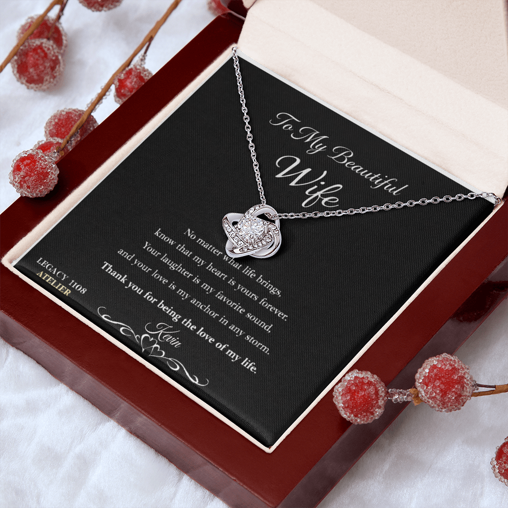 To My Beautiful Wife - Love Knot Necklace w/Luxury Mahogany LED Spotlight Box