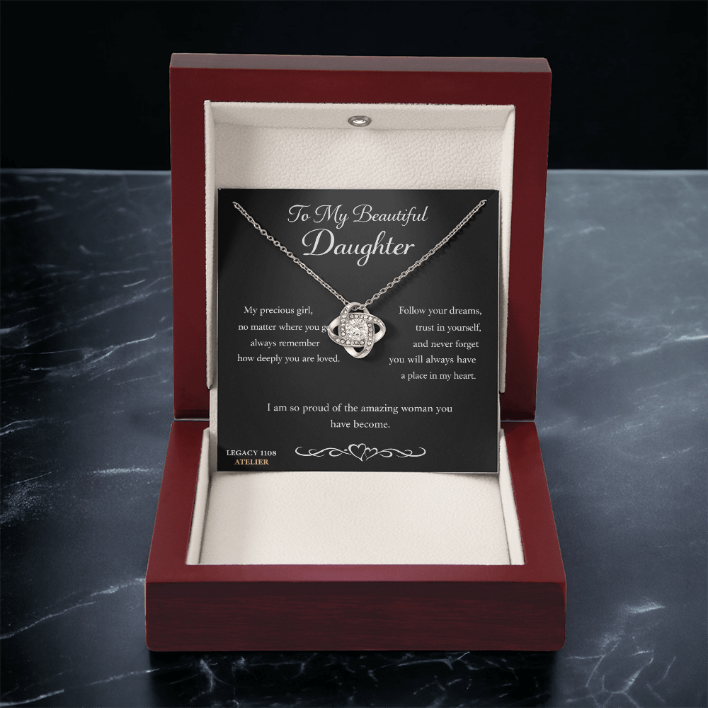 To My Beautiful Daughter - Gorgeous Love Knot Necklace w/Luxury Mahogany LED Spotlight Box