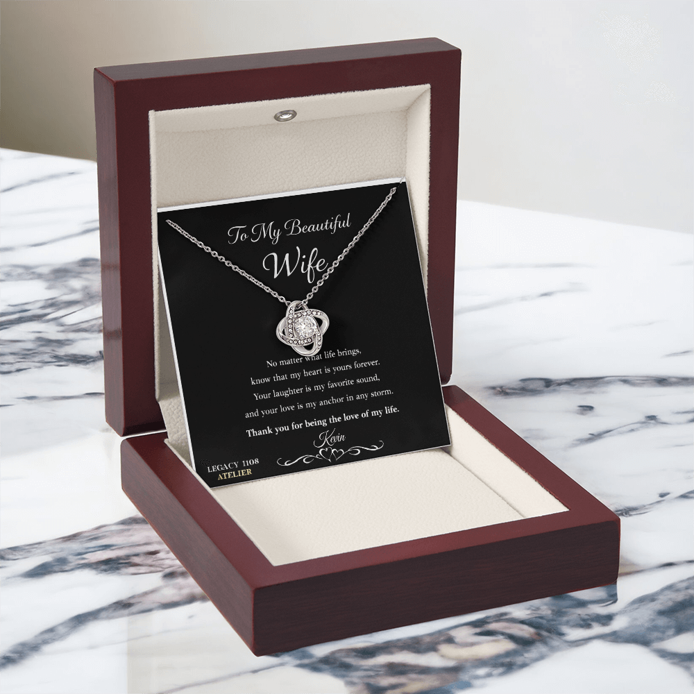 To My Beautiful Wife - Love Knot Necklace w/Luxury Mahogany LED Spotlight Box