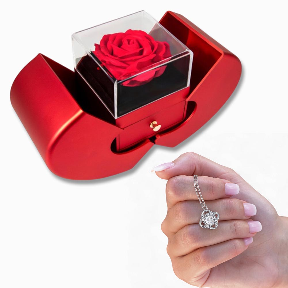 Elegant Love Knot Necklace and Red Heart Rose Box Gift Set