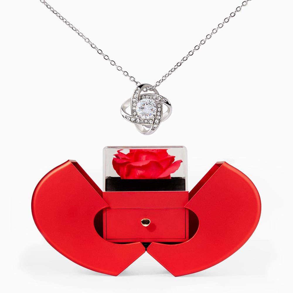 Elegant Love Knot Necklace and Red Heart Rose Box Gift Set