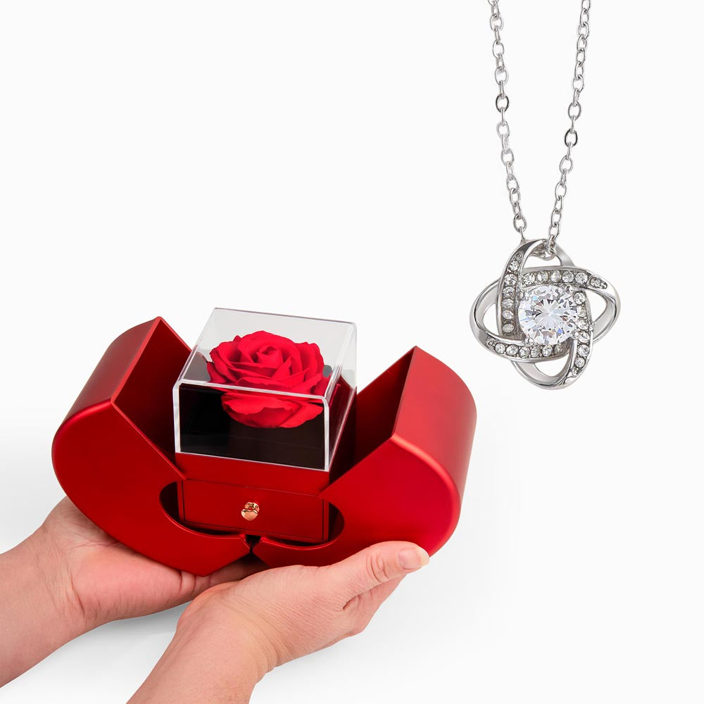 Elegant Love Knot Necklace and Red Heart Rose Box Gift Set