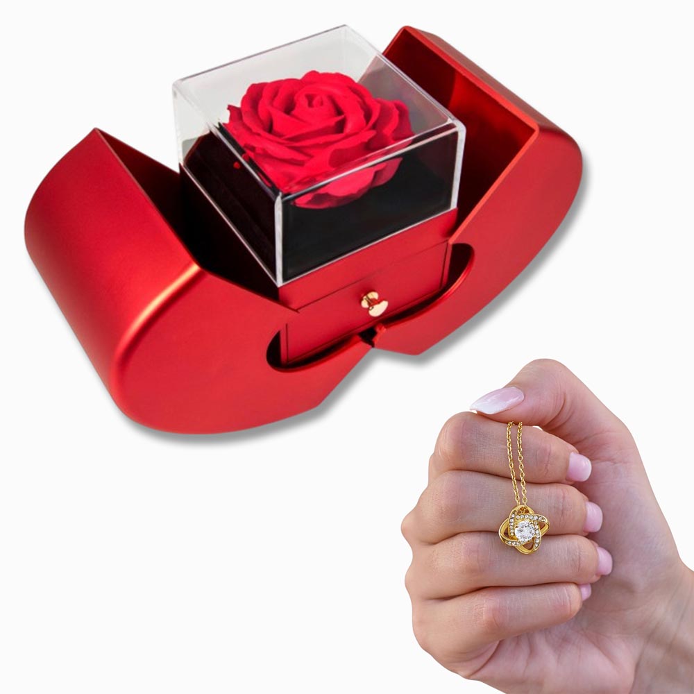 Elegant Love Knot Necklace and Red Heart Rose Box Gift Set