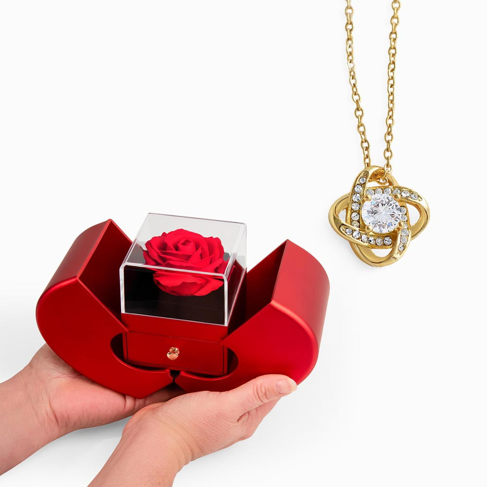 Elegant Love Knot Necklace and Red Heart Rose Box Gift Set